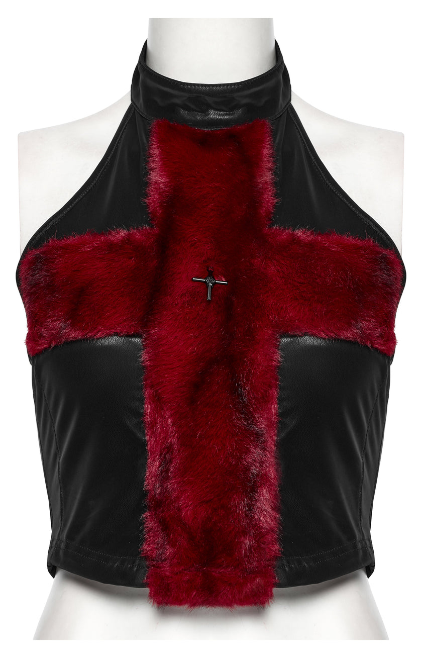 Punk Rave Valora Cross Fur Halter Top in Crimson