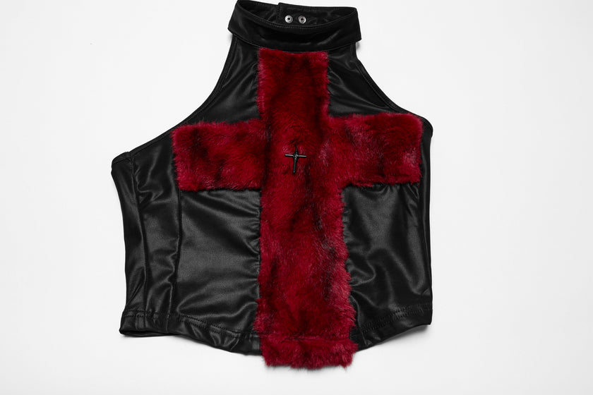 Punk Rave Valora Cross Fur Halter Top in Crimson