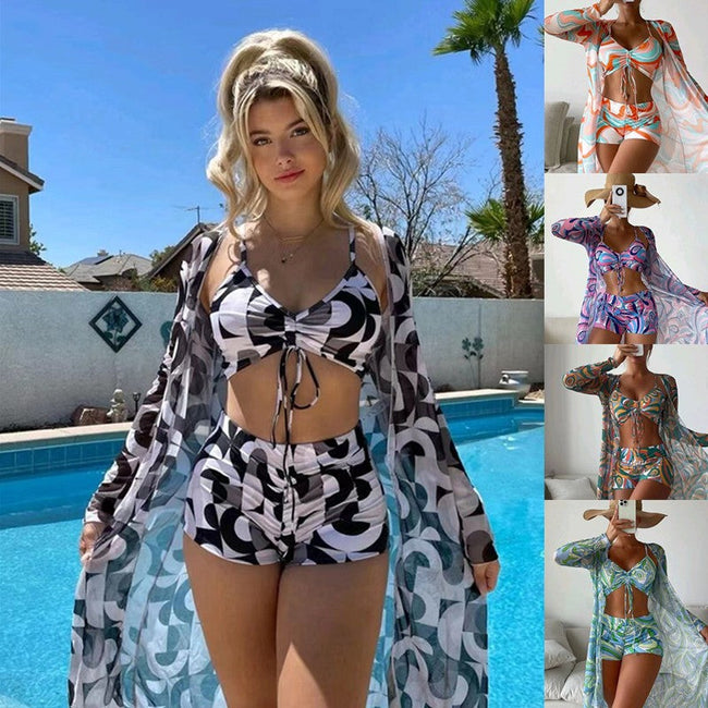 3-teiliger Pring-Bikini mit langärmeliger Strickjacke, modischer Sommer-Strand-Badeanzug für Damen