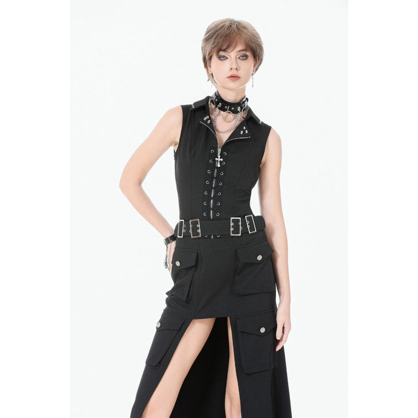 Dark in Love Punk Layered Pocket Cutout Belted Long Skirt