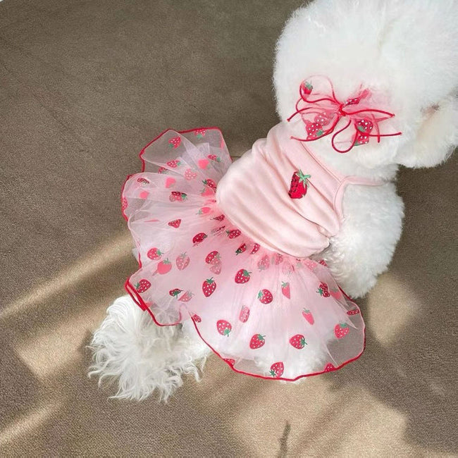 Neue Hundekleidung Süßes Mesh-Erdbeer-Trägerkleid