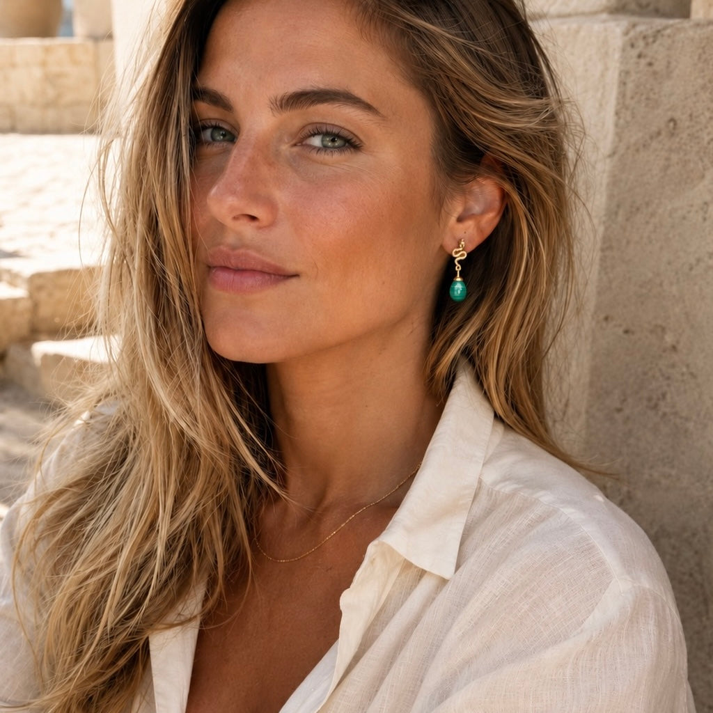 Medusa Small Gemstone Drop Earrings Malachite