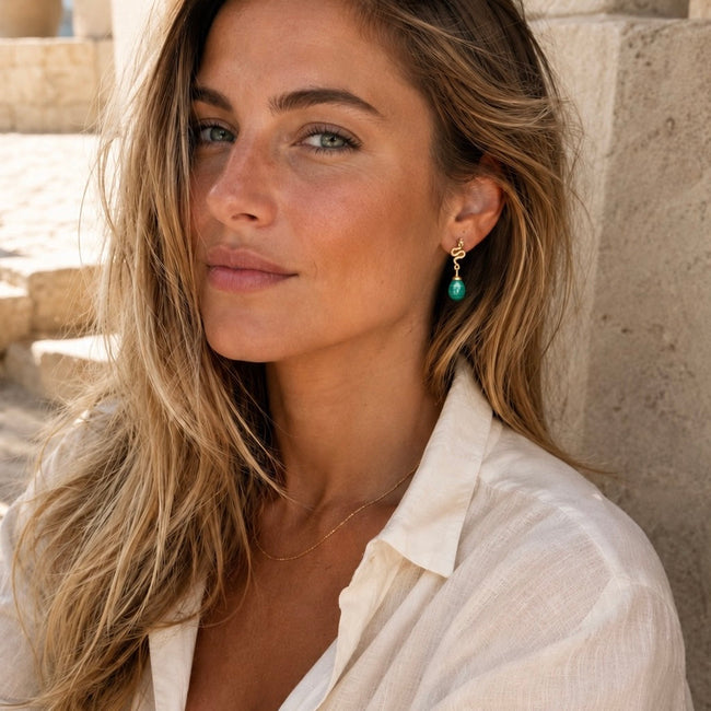 Medusa Small Gemstone Drop Earrings Malachite