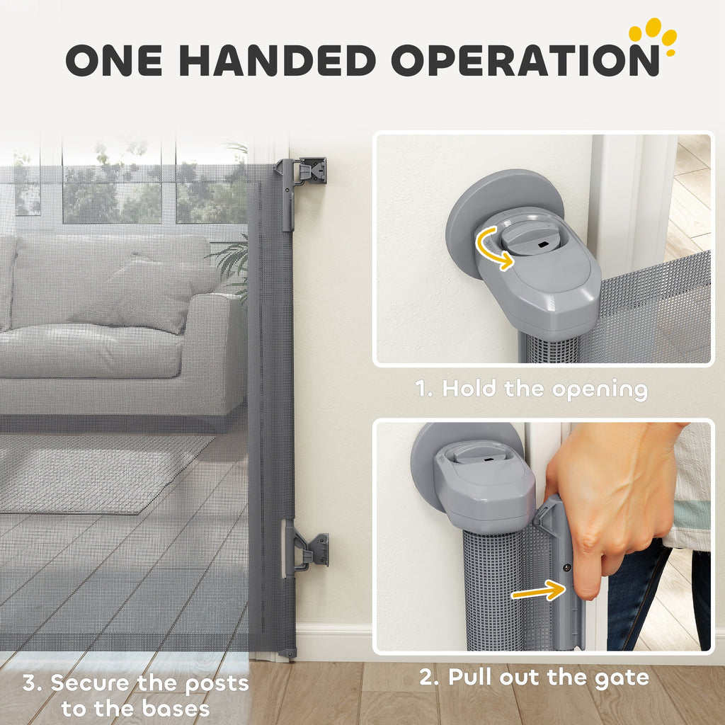 PawHut Retractable Dog Gate, Extends to 140 cm Wide & 93 cm Tall, Mesh Pet Gate with Single Hand Operation, for Stairs Doorways