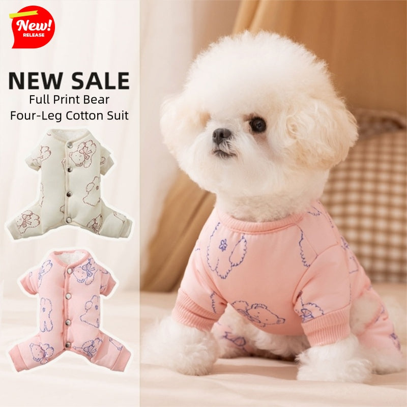 Dog Cotton Coat, Warm And Cute For Autumn And Winter, Fully Printed Bear Four-legged Coat, Small And Medium-sized Bichon Frise Pet Dog Clothes