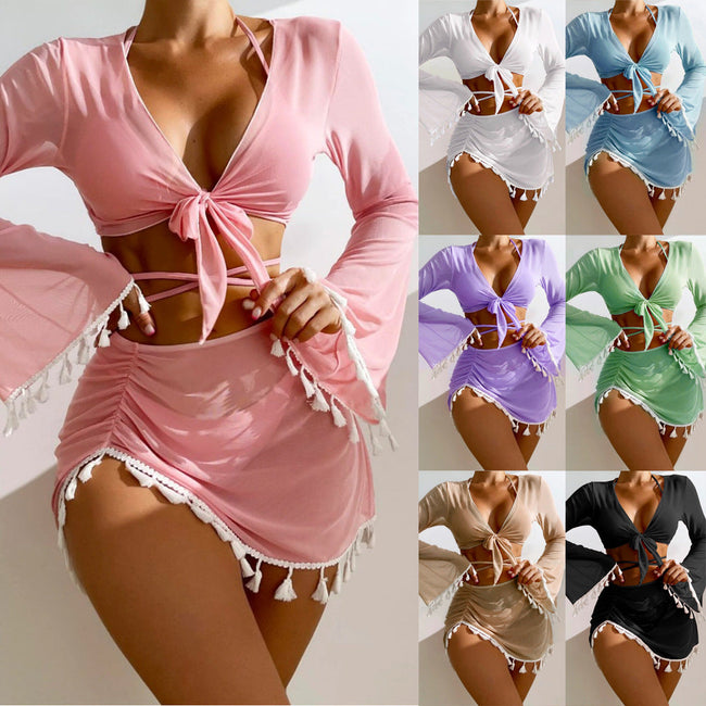 4-teiliger einfarbiger Bikini mit kurzem Rock und langärmligem Überwurf, modischer Schleifenknoten-Fransen-Badeanzug-Set, Sommerstrand-Damenbekleidung