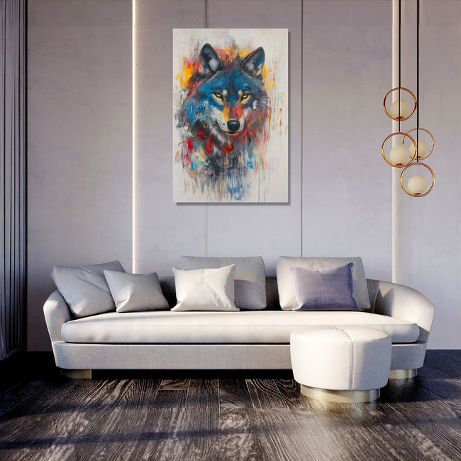 Vibrant Wolf on Grey Canvas