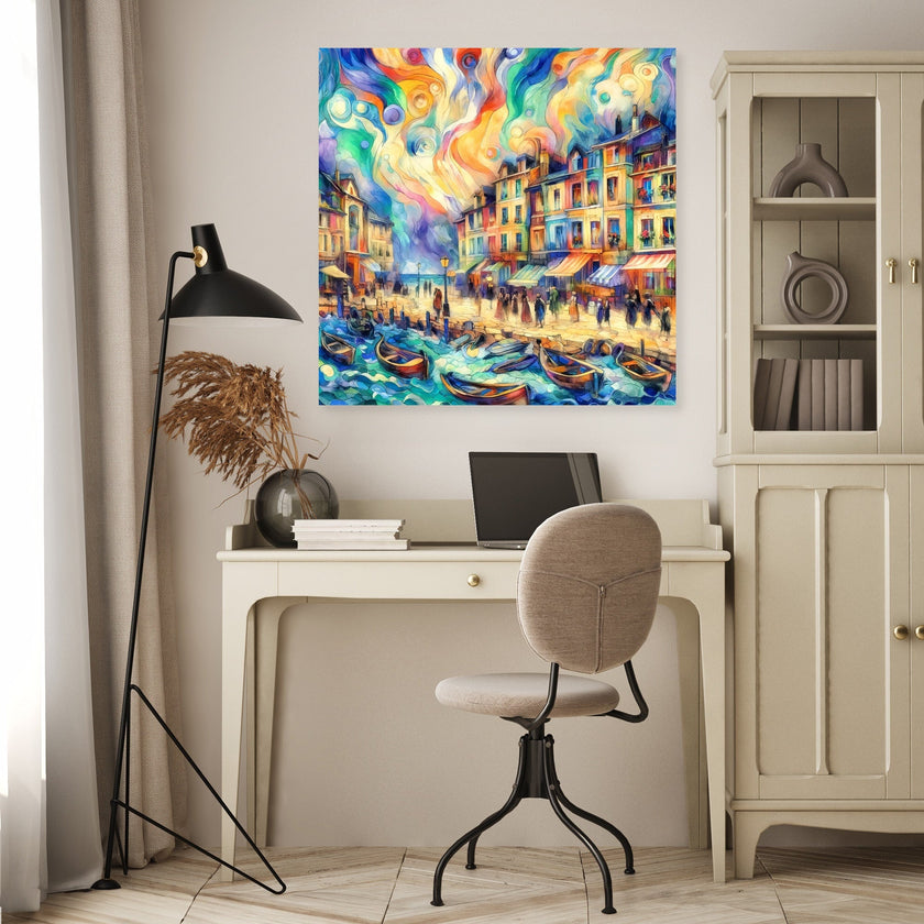 Whimsical Seaside Village Canvas