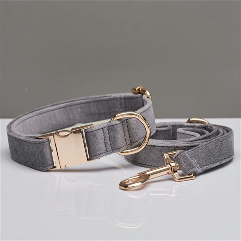 Multiple Colour Velvet Personalise Dog Collar Leash Set With Bow