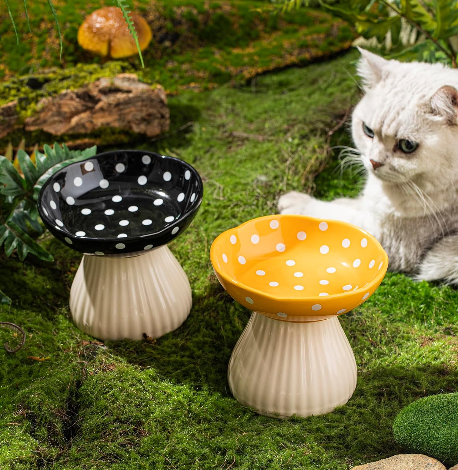 Mushroom Raised Cat Bowl With Cute Polka Dot Design And Safe Ceramic Material For Small Pets