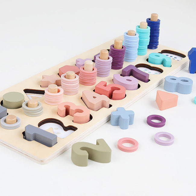 Wooden Montessori Shape & Number Learning Board – 3-in-1 Educational Puzzle Toy