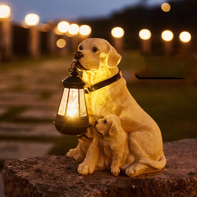 Luz LED Solar Perro Linterna Escultura Resina Artesanía Adorno Decoración de Porche para el Hogar Estatuas de Perros con Luz LED Solar para Jardín