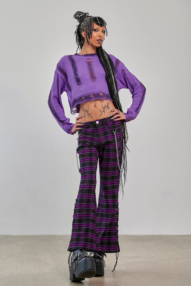 Banned Apparel Scarlett Vixen Purple Tartan Flared Trousers
