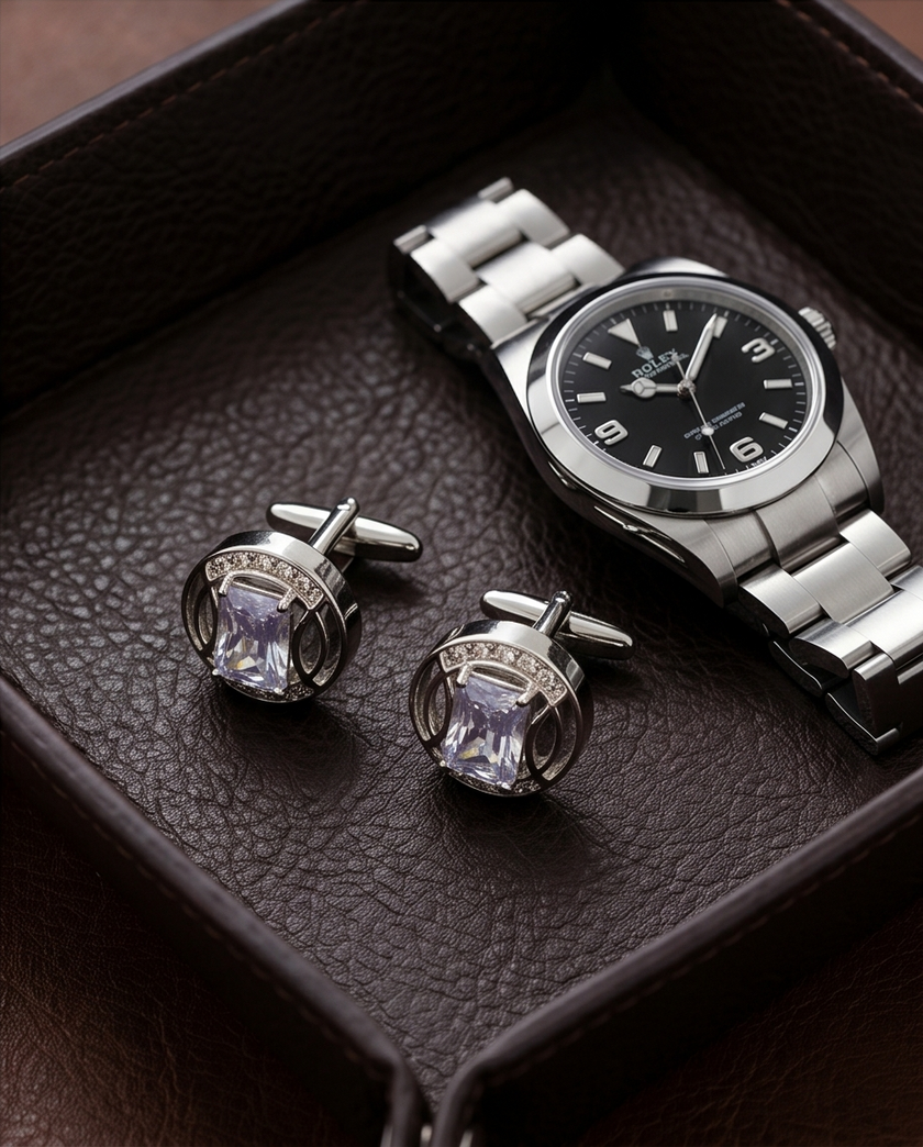 Sky Blue Crystal & Diamond Accent Cufflinks