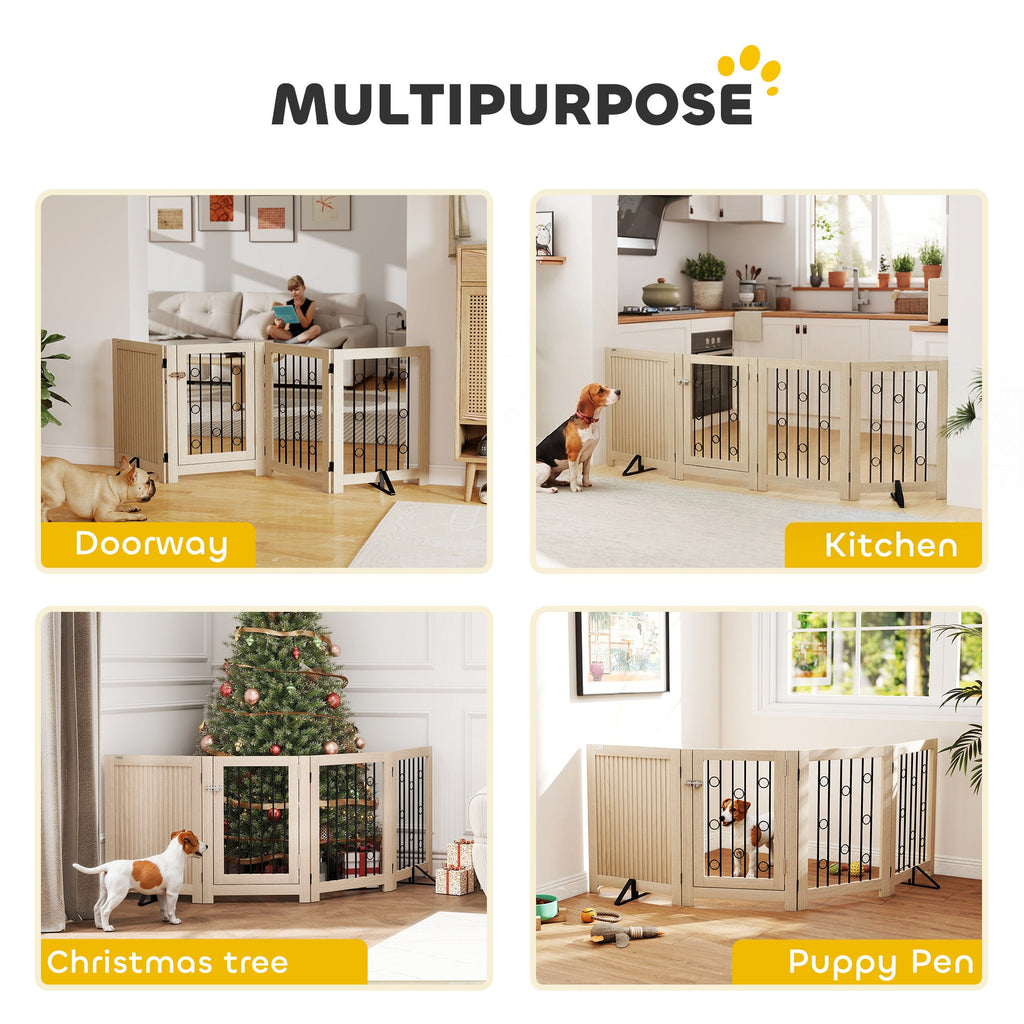 PawHut 4 Panel Freestanding Pet Gate, Indoor Dog Barrier with Lockable Door, Support Feet, 360° Flexible Hinges, Oak