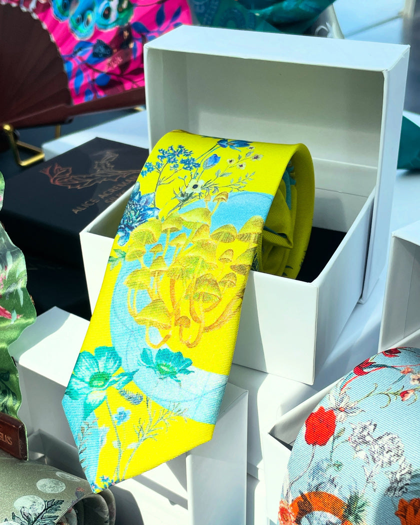 Vibrant yellow and pale blue ‘Luciferin’ floral silk tie