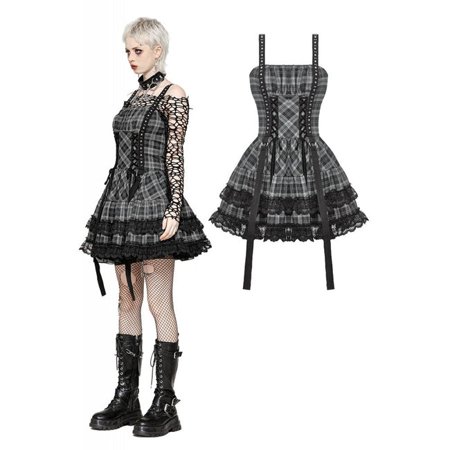 Dark in Love Ida Punk Grey Tartan Metal Studded Dress