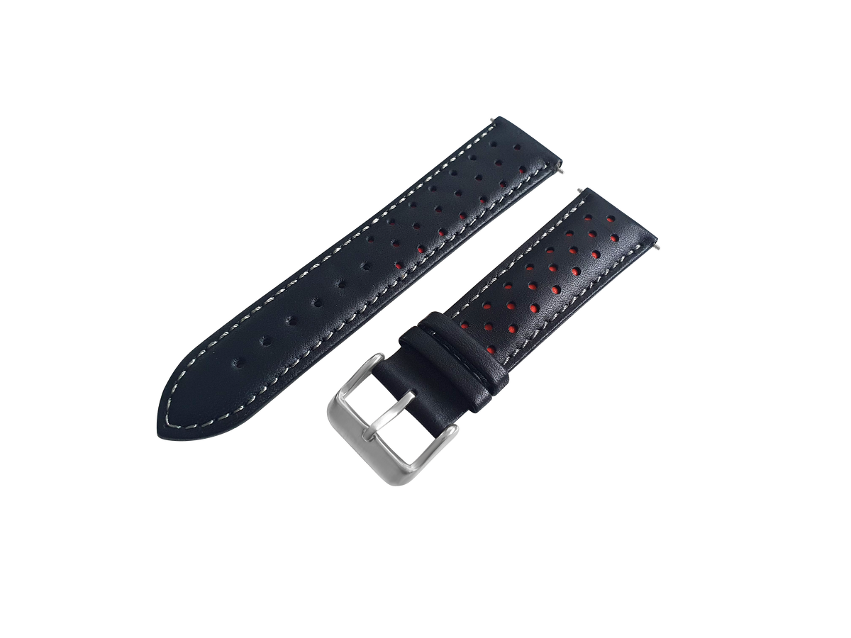 Black And Red Leather Rally Watch Strap, Silver Buckle