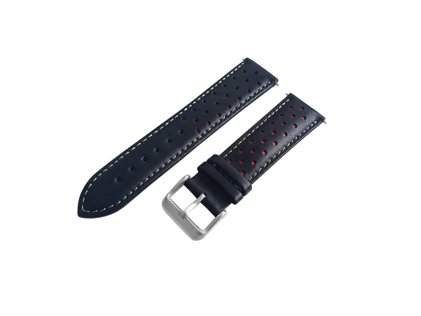 Black And Red Leather Rally Watch Strap, Silver Buckle