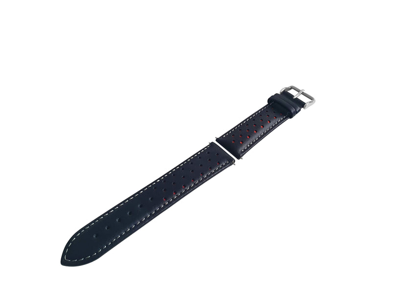 Black And Red Leather Rally Watch Strap, Silver Buckle