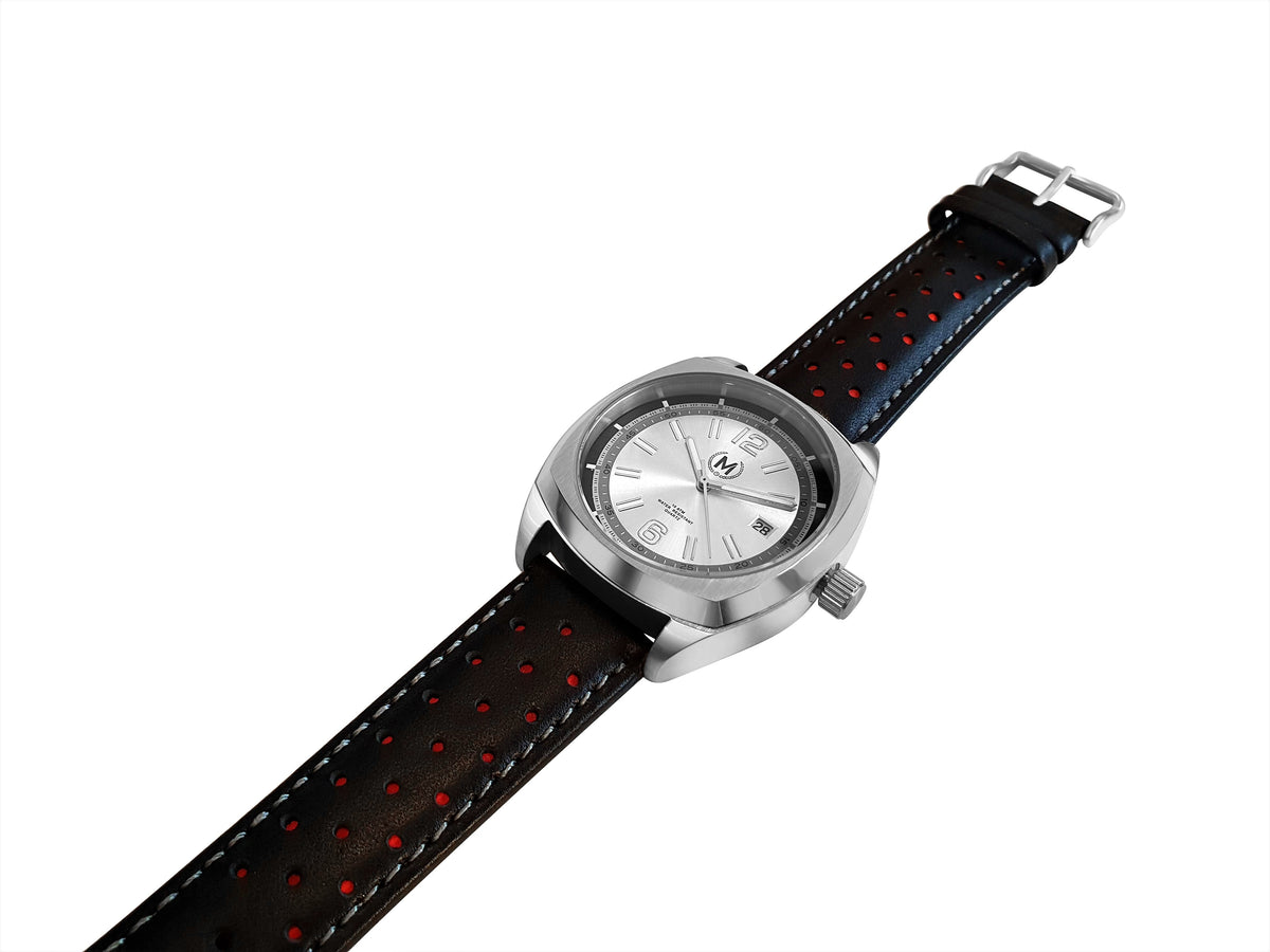 Silver Dial Driver, Black And Red Strap
