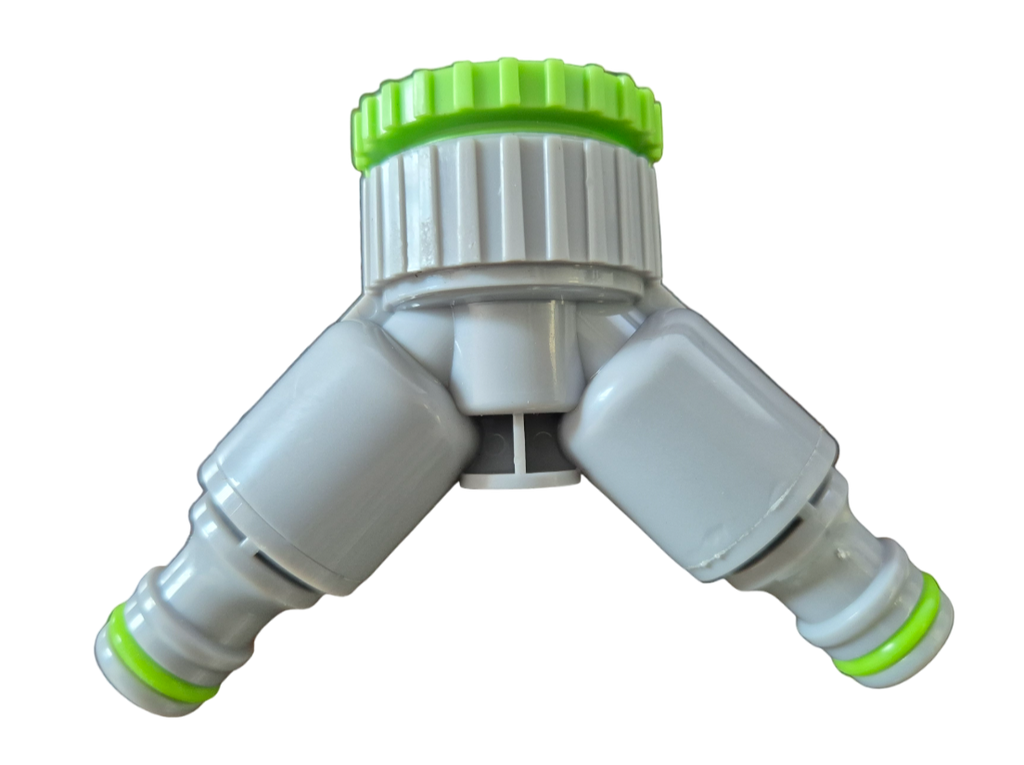 2-Way Tap Connector With Valves 1" or 3/4" BSP Female, Green/Gray