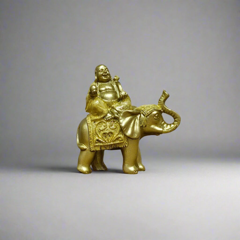 Lucky Buddha On Elephant | Brushed Wood Effect Resin Figurine
