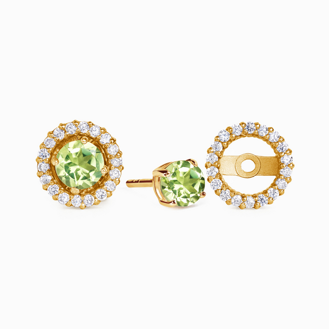 Pendientes de peridoto con halo y chaquetas de plata vermeil de oro de 18k