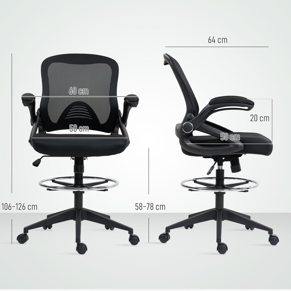 Vinsetto Drafting Chair with Flip-up Armrest, Mesh Office Stool with Foot Ring, 360° Swivel Height Adjustable Chair for Standing Desk, Black