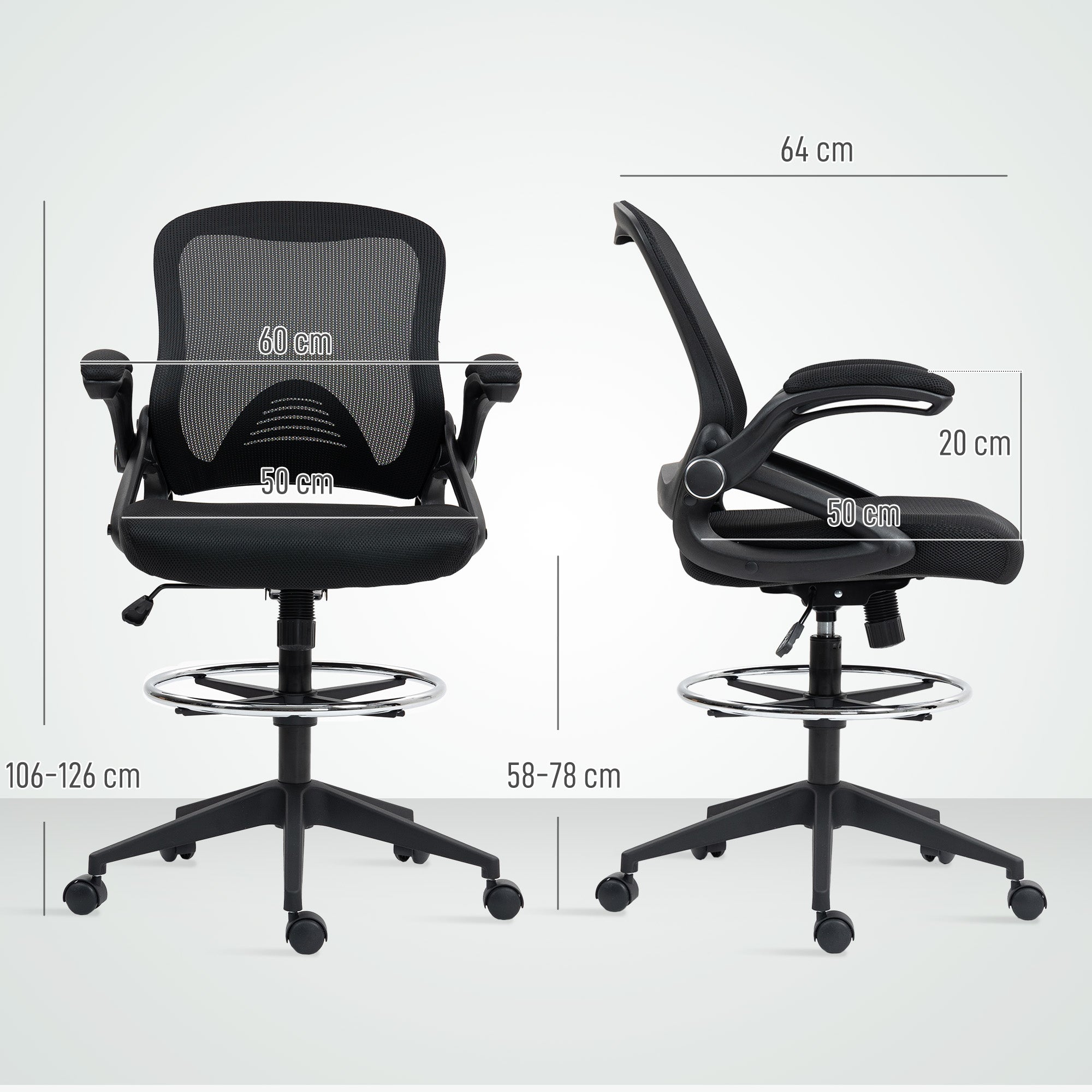 Vinsetto Drafting Chair with Flip-up Armrest, Mesh Office Stool with Foot Ring, 360° Swivel Height Adjustable Chair for Standing Desk, Black