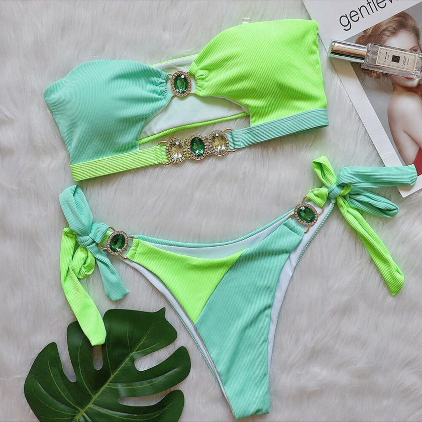 Bikini sexy con diamantes de cristal, almohadilla de pecho desmontable, costura con tirantes en el pecho, traje de baño dividido