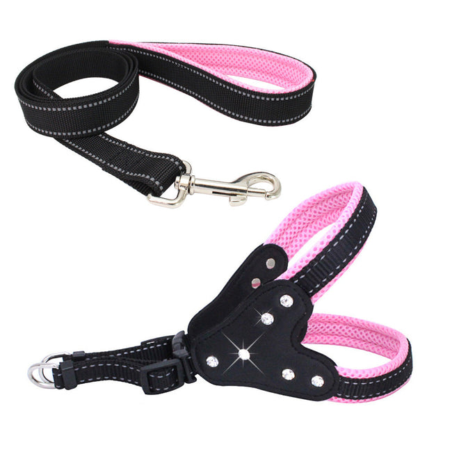 Comfortable Mesh Fabric Shiny Rhinestone Pet Hand Holding Rope Reflective Dog Breast Strap Vest Style