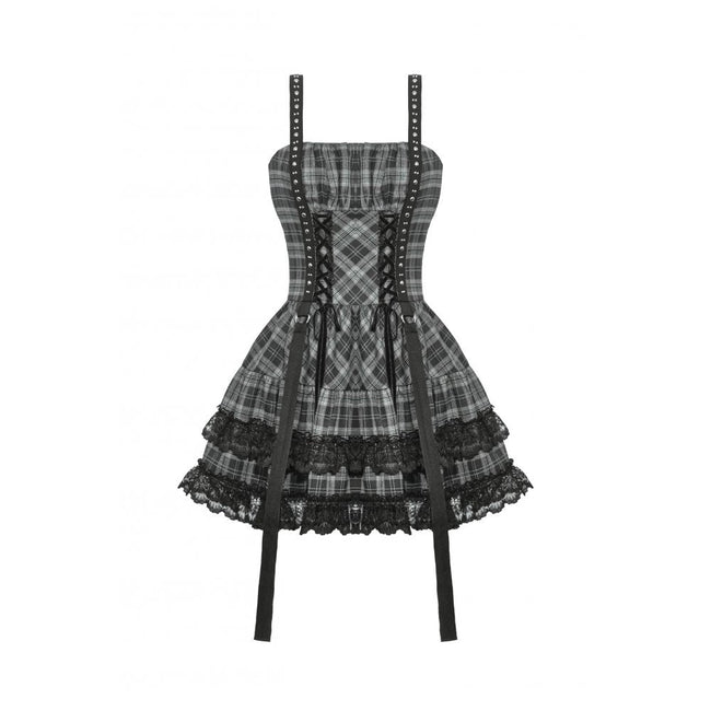 Dark in Love Ida Punk Grey Tartan Metal Studded Dress