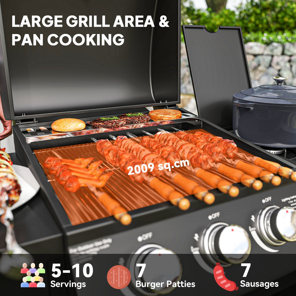 Outsunny 3+1 Burner Gas BBQ Grill with Storage Cabinet and Shelves, 11.6 kW Gas Barbecue Trolley with 6 Castor Wheels, Warming Rack, Thermometer for Outdoor Cooking Garden Party, Black