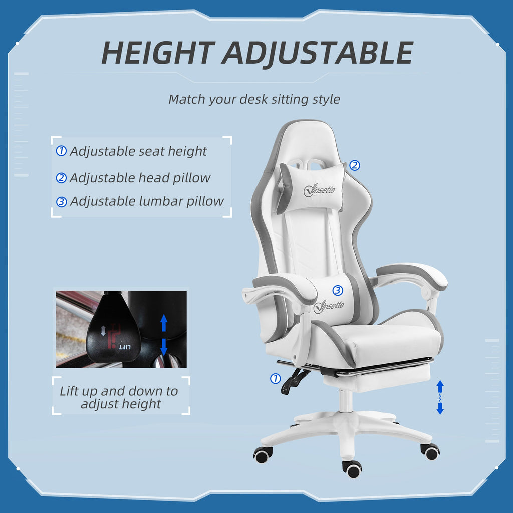 Vinsetto Computer Gaming Chair, PU Leather Desk Chair with Footrest, Swivel Task Chair with 135\'c2\'b0 Reclining Back and Lumbar Support, PC Chair for Adults, White and Grey