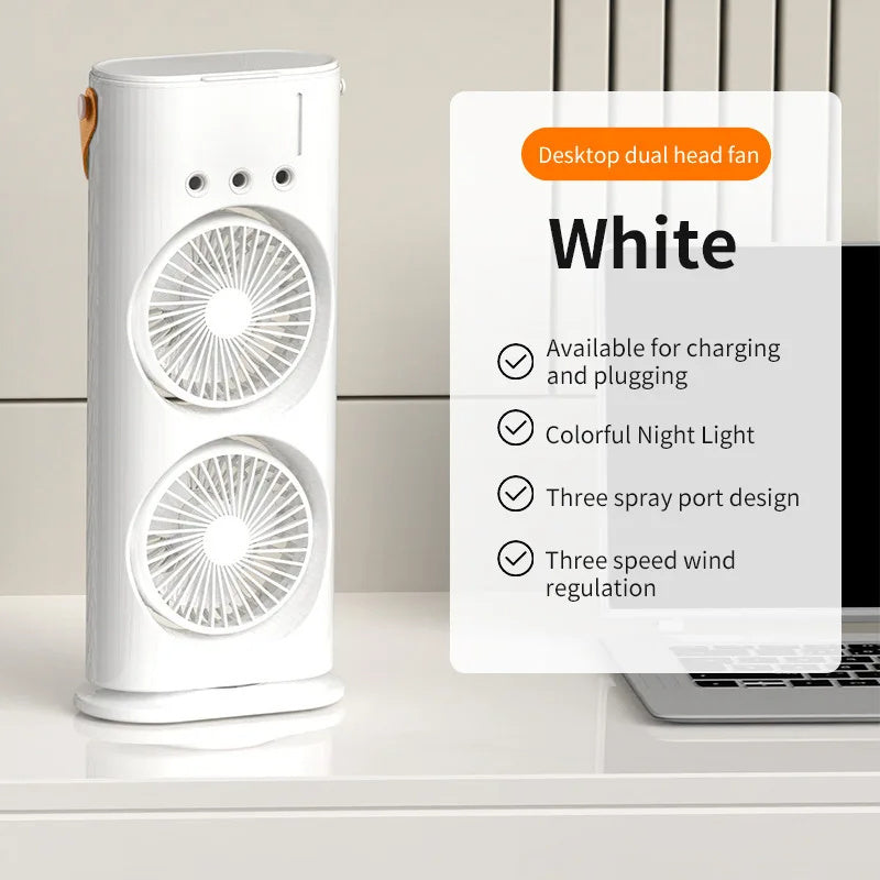 Ventilador de doble cabezal con pulverizador, humidificador portátil, ventilador de aire acondicionado, pequeño enfriador de aire doméstico, ajuste de aire portátil por hidrorefrigeración