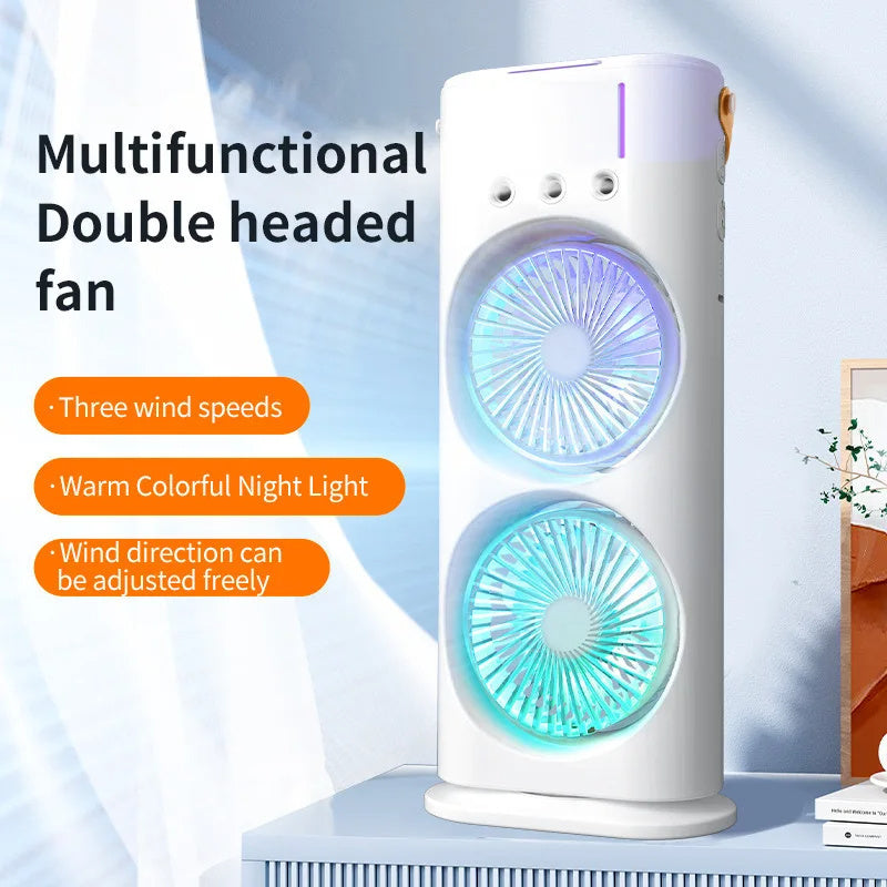 Ventilador de doble cabezal con pulverizador, humidificador portátil, ventilador de aire acondicionado, pequeño enfriador de aire doméstico, ajuste de aire portátil por hidrorefrigeración