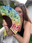Colourful Silk folding hand fan 'kaleido-bloom' print with floral & nature filled rainbow design