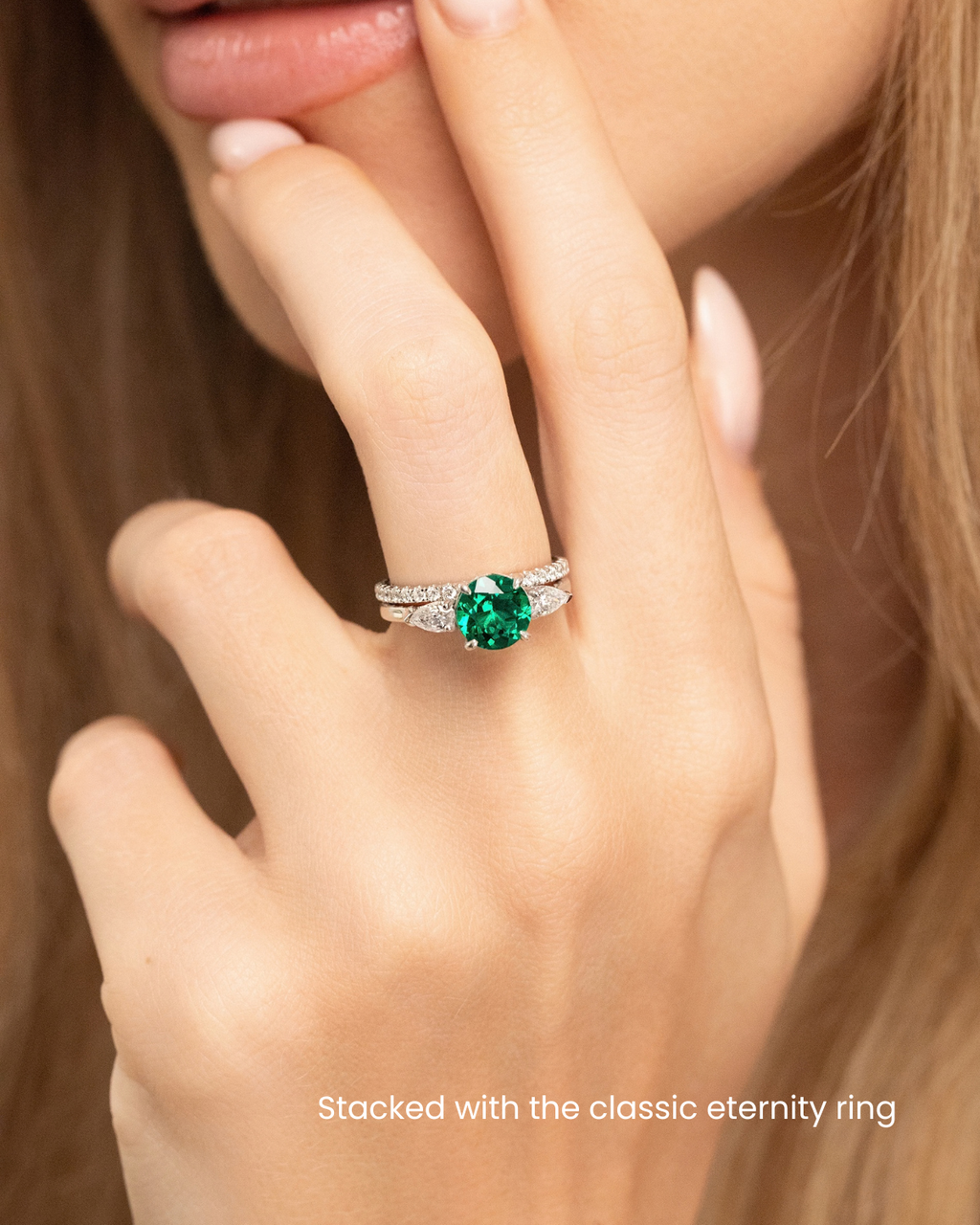 Emerald Round Cut Three Stone Engagement Ring in Sterling Silver
