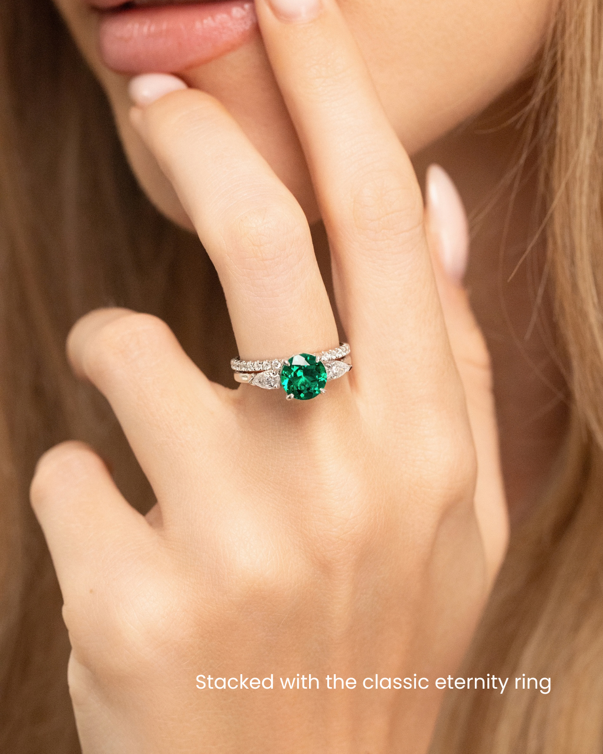 Emerald Round Cut Three Stone Engagement Ring in Sterling Silver