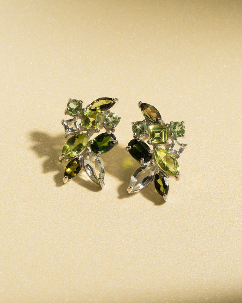 Large Green Gemstone Cluster Earrings in Sterling Silver