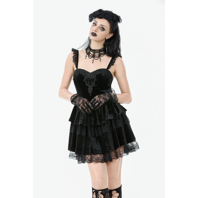 Dark in Love Nocturne Ruffled Velvet Lace Goth Dress in Black