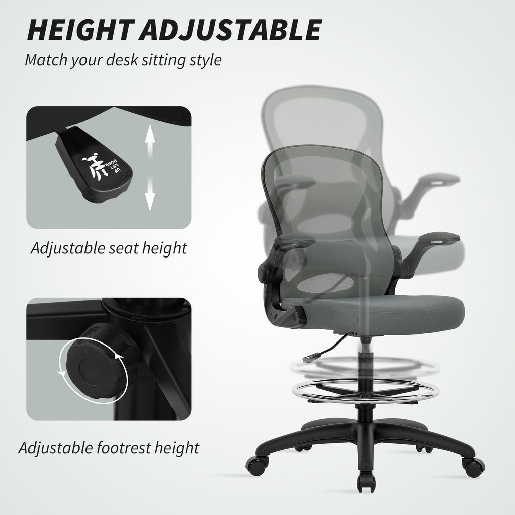 Vinsetto Drafting Chair, Ergonomic Tall Office Chair with Flip-up Armrests, Mesh Back, Lumbar Support, Adjustable Height and Foot Ring, Swivel Wheels, for Standing Desk, Charcoal Grey