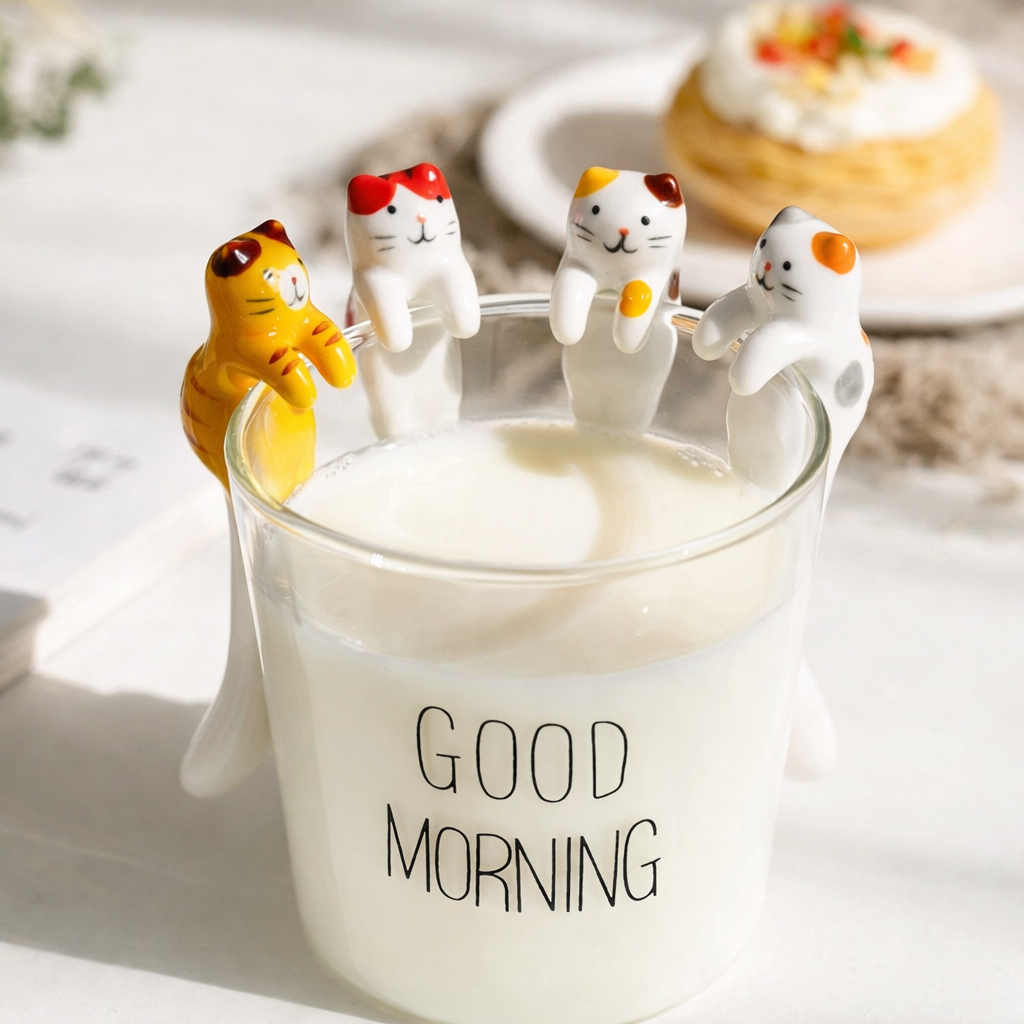 Juego de cucharitas de té de cerámica con forma de gato – 4 colores, diseño para colgar en la taza