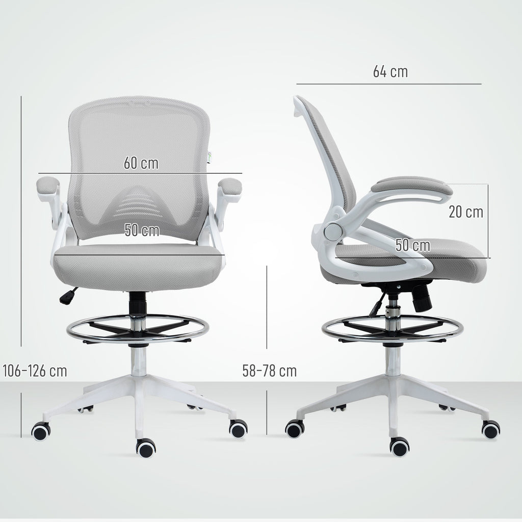 Vinsetto Drafting Chair with Flip-up Armrest, Mesh Office Stool with Foot Ring, 360° Swivel Height Adjustable Chair for Standing Desk, Light Grey
