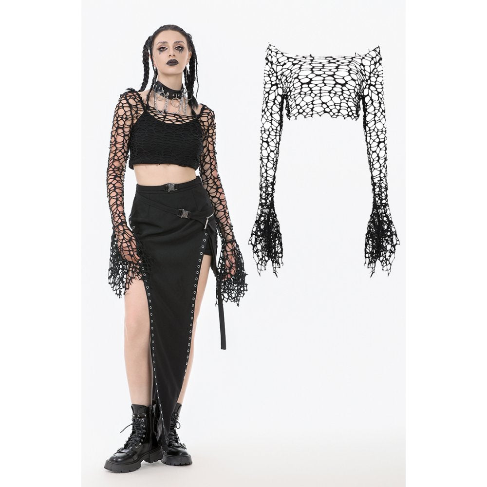 Dark in Love Morana Mesh Crochet Knit Bell Sleeve Crop Top