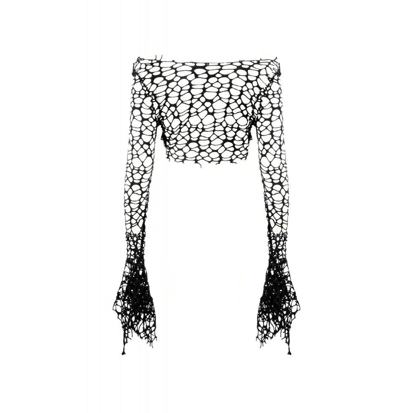 Dark in Love Morana Mesh Crochet Knit Bell Sleeve Crop Top