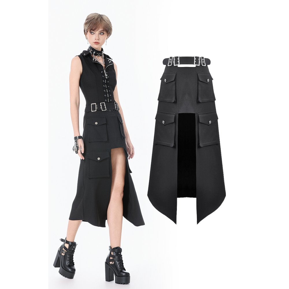Dark in Love Punk Layered Pocket Cutout Belted Long Skirt