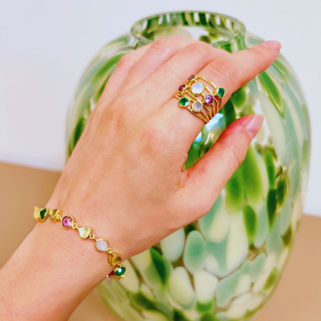 Iona Entwined Ring: Green Onyx, Amethyst, Moonstone & Labradorite