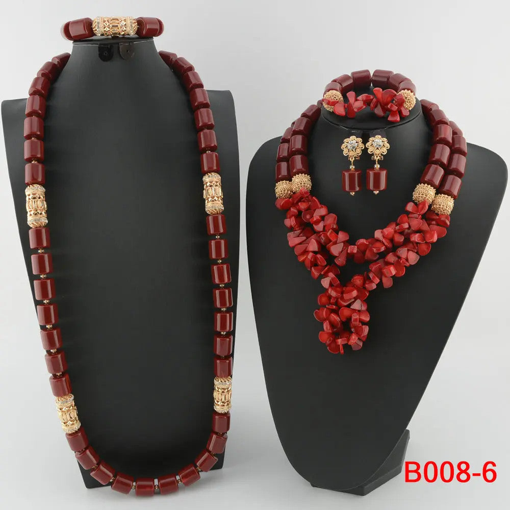 Nigerian Bridal Coral Jewellery Set | Crystal Pillar Beads | Necklace, Earrings & Bracelet